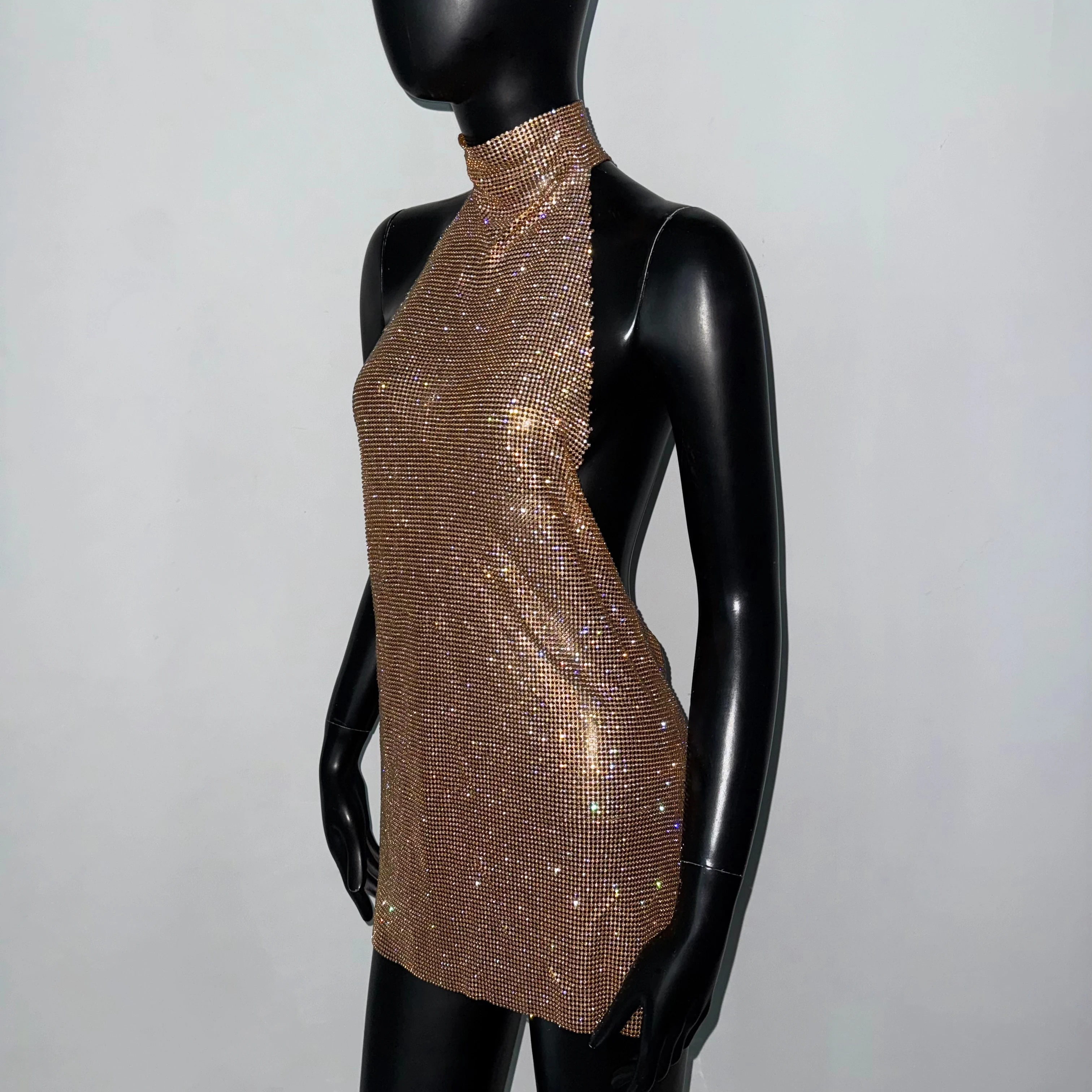 Shiny Rhinestone Metal Sequins Mini Dress For Women Sexy Backless Mock Neck Halter Neck Sleeveless Dress Party Evening Dresses