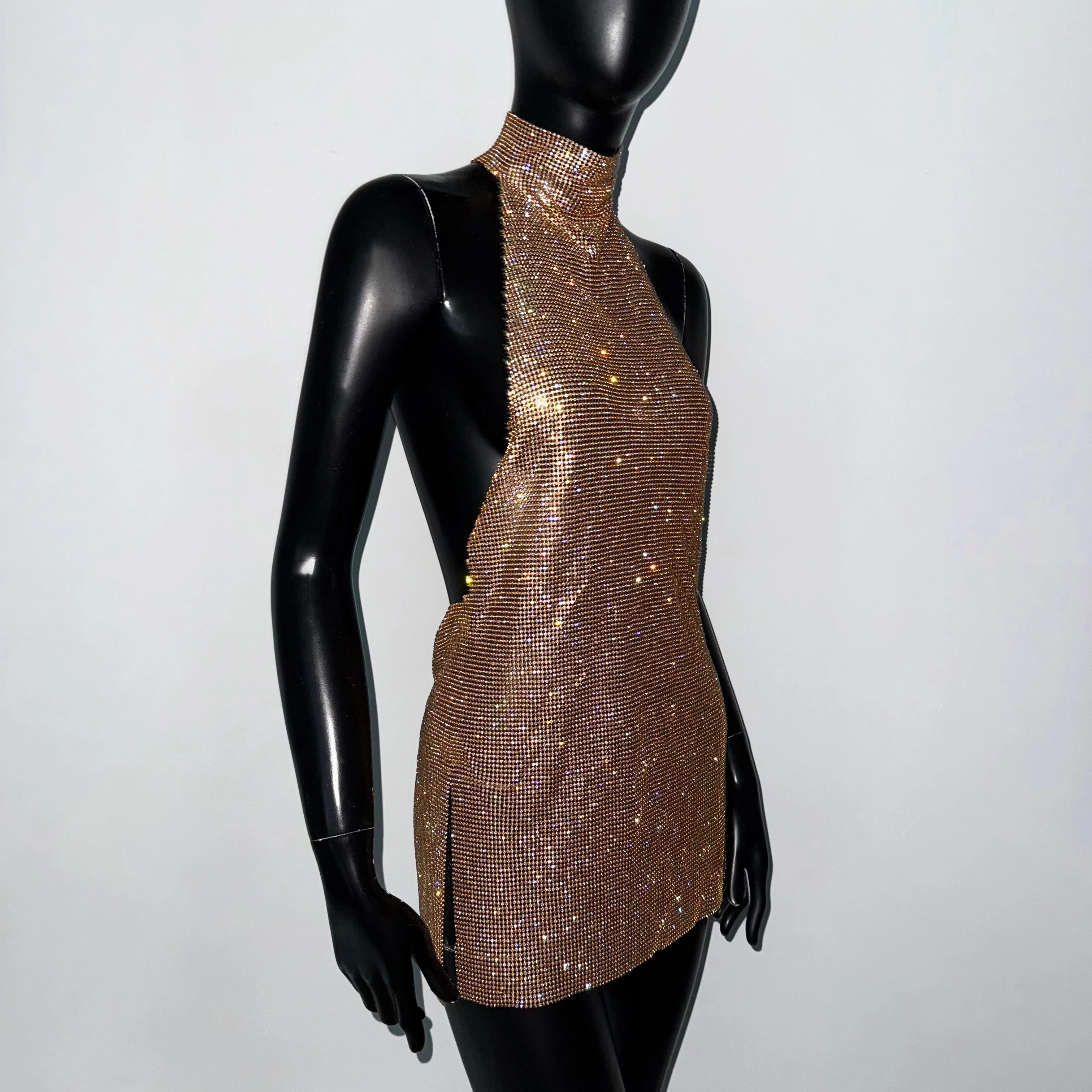 Shiny Rhinestone Metal Sequins Mini Dress For Women Sexy Backless Mock Neck Halter Neck Sleeveless Dress Party Evening Dresses