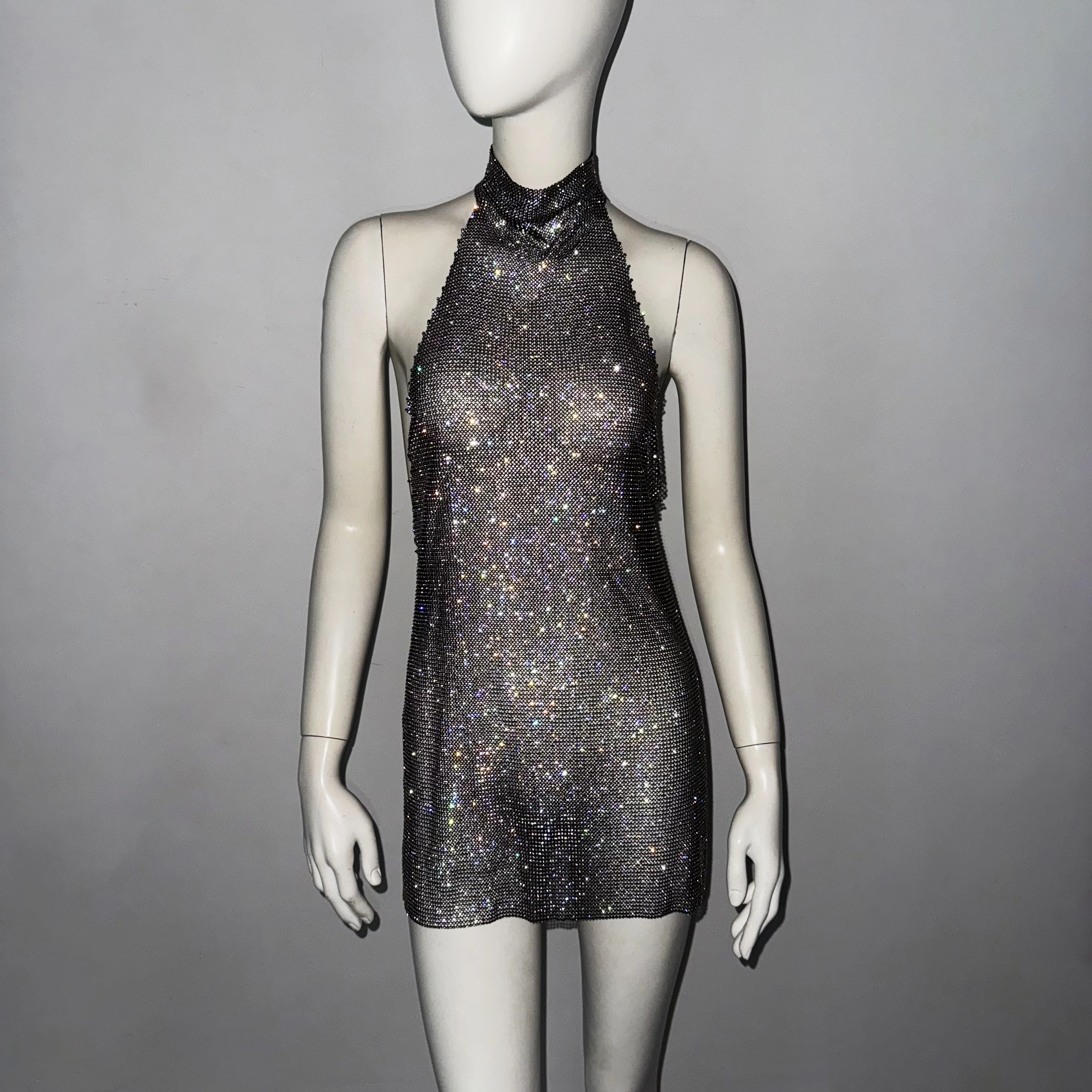 Shiny Rhinestone Metal Sequins Mini Dress For Women Sexy Backless Mock Neck Halter Neck Sleeveless Dress Party Evening Dresses