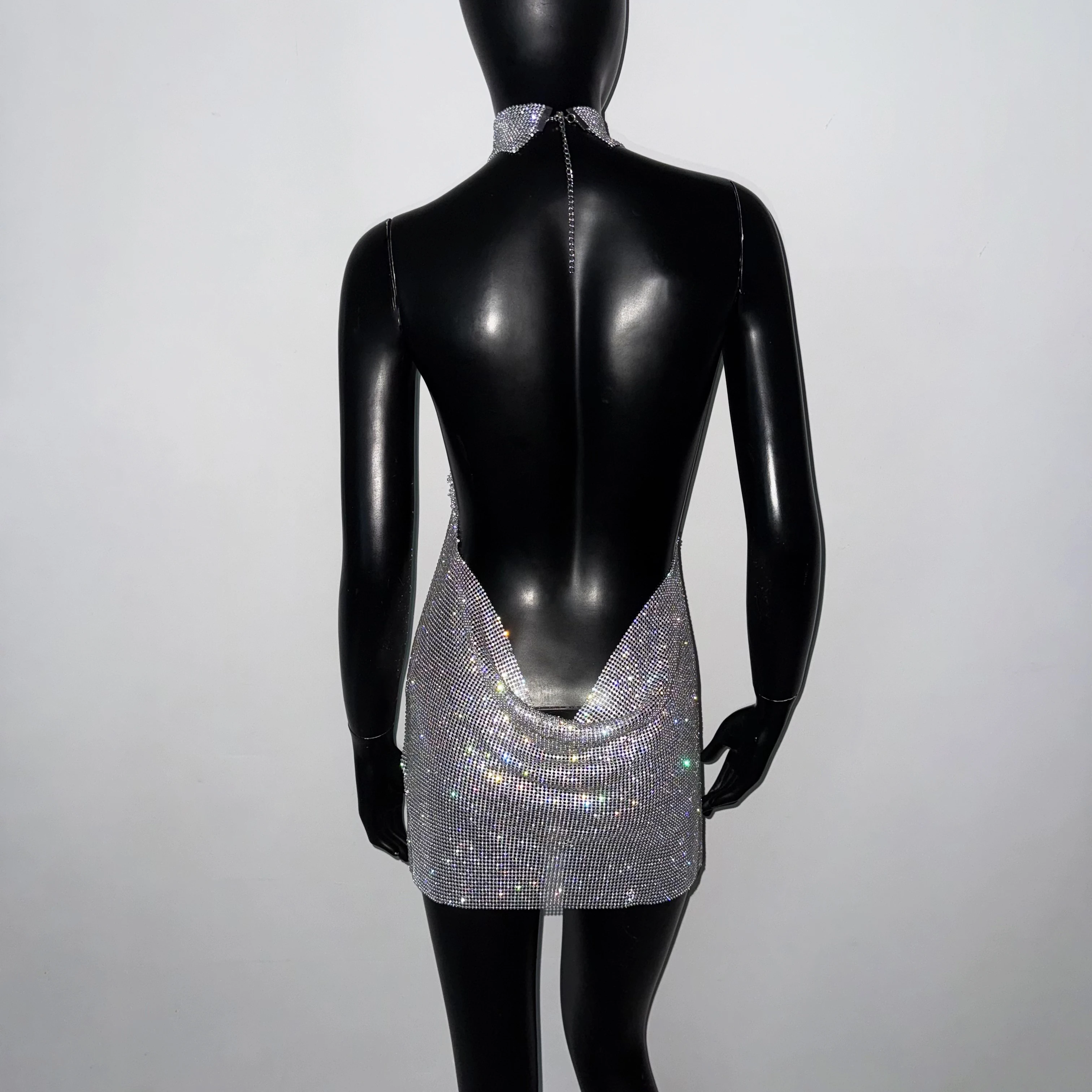 Shiny Rhinestone Metal Sequins Mini Dress For Women Sexy Backless Mock Neck Halter Neck Sleeveless Dress Party Evening Dresses