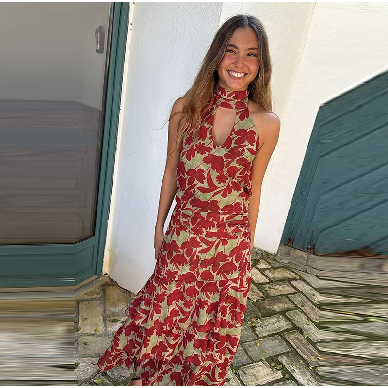 Vintage Printed Halter Women's Dress Sleeveless Slim Backless Ruffle Hollowed Out Long Dresses 2026 Summer Lady Street Robes