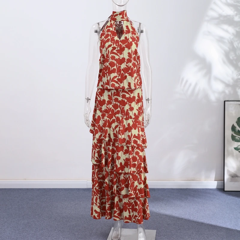Vintage Printed Halter Women's Dress Sleeveless Slim Backless Ruffle Hollowed Out Long Dresses 2026 Summer Lady Street Robes