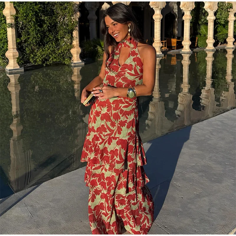 Vintage Printed Halter Women's Dress Sleeveless Slim Backless Ruffle Hollowed Out Long Dresses 2026 Summer Lady Street Robes
