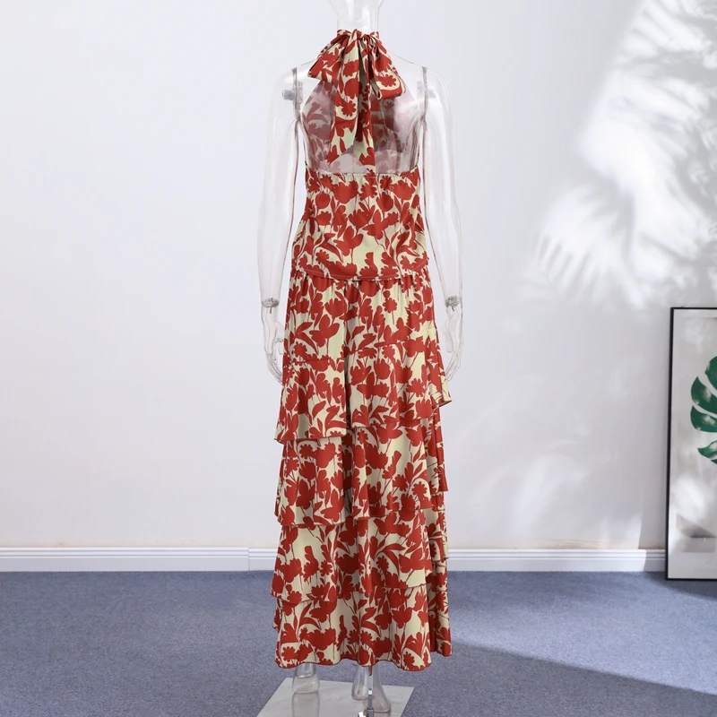 Vintage Printed Halter Women's Dress Sleeveless Slim Backless Ruffle Hollowed Out Long Dresses 2026 Summer Lady Street Robes