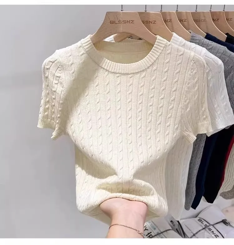 Zjaiss 2026 Summer Apricot O-Neck Women's Short Sleeve Knit Top Twist Slim Fit Short T-Shirt Trendy Solid Color Versatile Tee