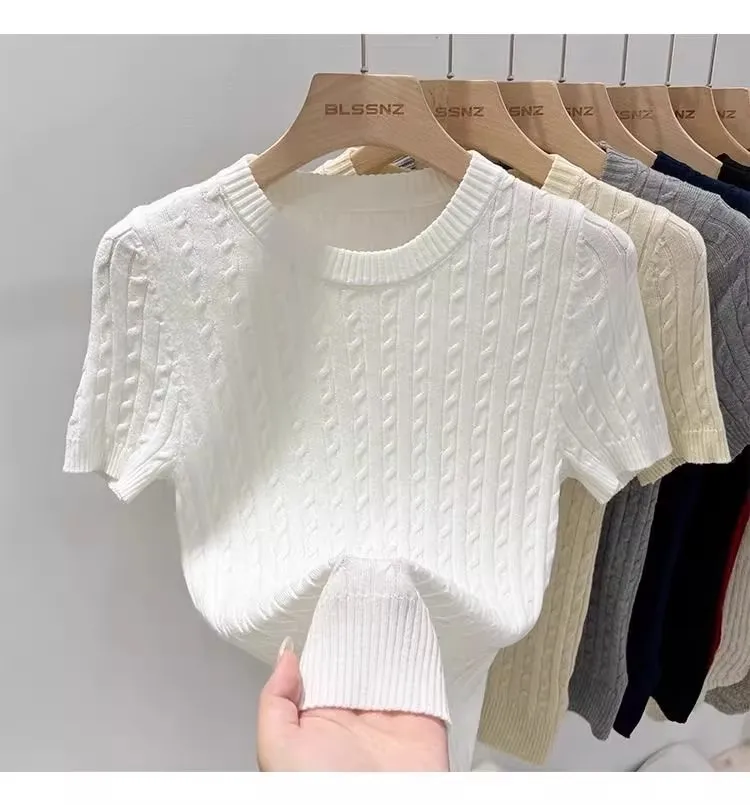 Zjaiss 2026 Summer Apricot O-Neck Women's Short Sleeve Knit Top Twist Slim Fit Short T-Shirt Trendy Solid Color Versatile Tee