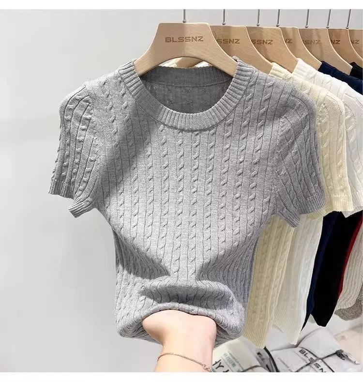 Zjaiss 2026 Summer Apricot O-Neck Women's Short Sleeve Knit Top Twist Slim Fit Short T-Shirt Trendy Solid Color Versatile Tee