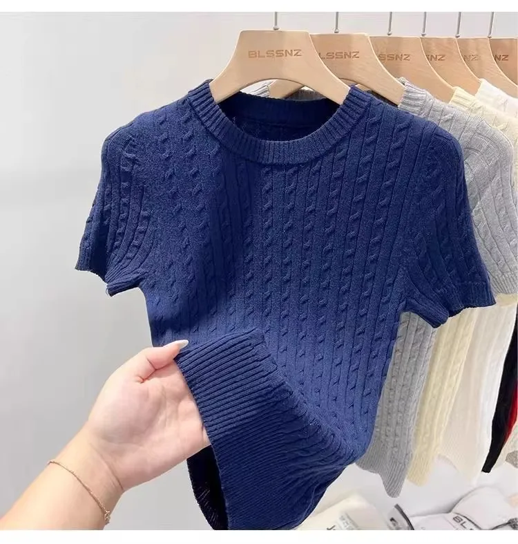 Zjaiss 2026 Summer Apricot O-Neck Women's Short Sleeve Knit Top Twist Slim Fit Short T-Shirt Trendy Solid Color Versatile Tee