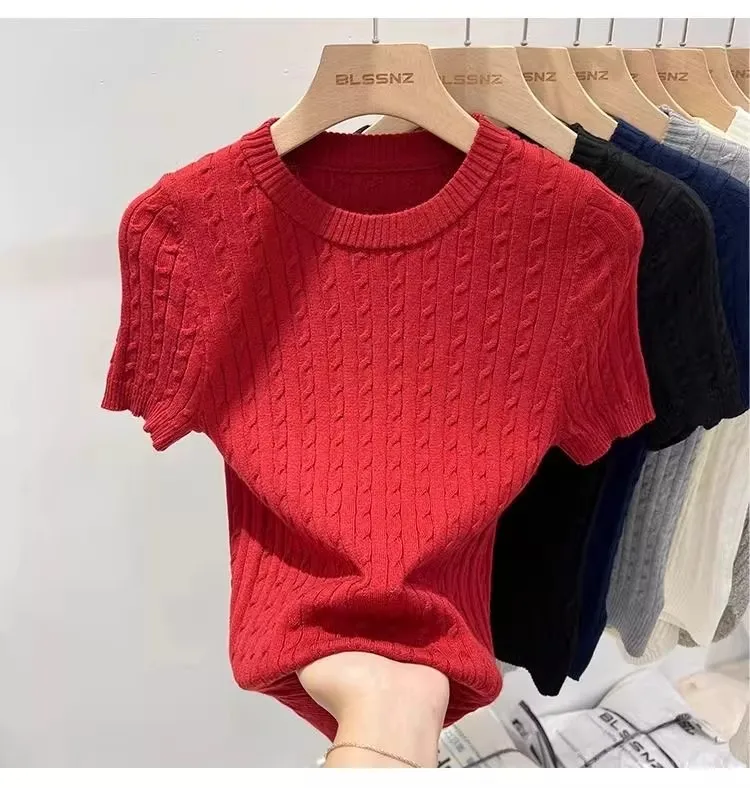 Zjaiss 2026 Summer Apricot O-Neck Women's Short Sleeve Knit Top Twist Slim Fit Short T-Shirt Trendy Solid Color Versatile Tee