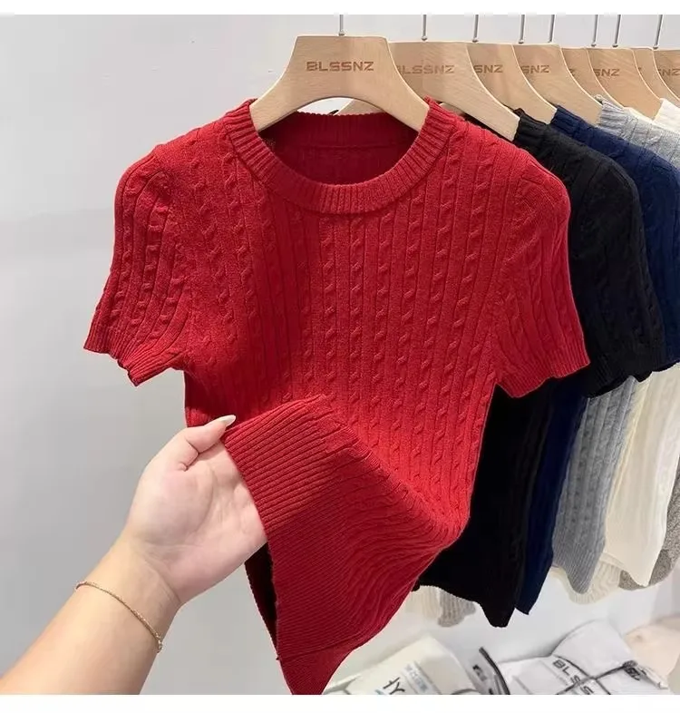 Zjaiss 2026 Summer Apricot O-Neck Women's Short Sleeve Knit Top Twist Slim Fit Short T-Shirt Trendy Solid Color Versatile Tee