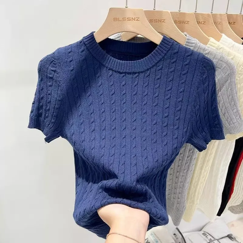 Zjaiss 2026 Summer Apricot O-Neck Women's Short Sleeve Knit Top Twist Slim Fit Short T-Shirt Trendy Solid Color Versatile Tee