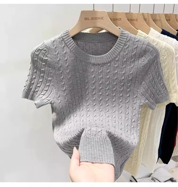 Zjaiss 2026 Summer Apricot O-Neck Women's Short Sleeve Knit Top Twist Slim Fit Short T-Shirt Trendy Solid Color Versatile Tee