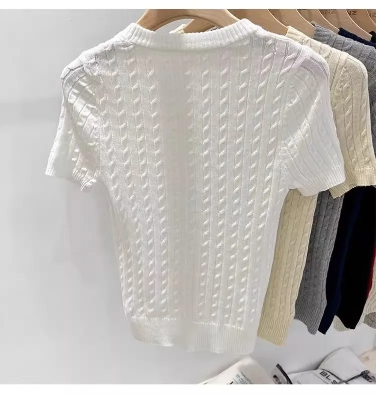 Zjaiss 2026 Summer Apricot O-Neck Women's Short Sleeve Knit Top Twist Slim Fit Short T-Shirt Trendy Solid Color Versatile Tee
