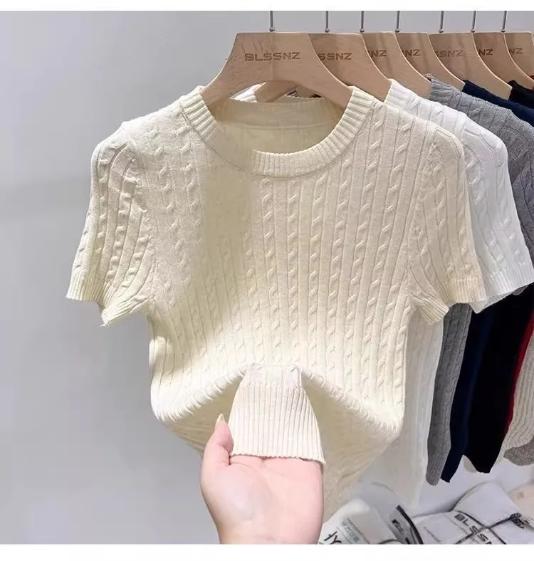 Zjaiss 2026 Summer Apricot O-Neck Women's Short Sleeve Knit Top Twist Slim Fit Short T-Shirt Trendy Solid Color Versatile Tee