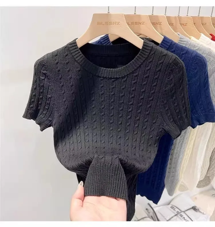 Zjaiss 2026 Summer Apricot O-Neck Women's Short Sleeve Knit Top Twist Slim Fit Short T-Shirt Trendy Solid Color Versatile Tee