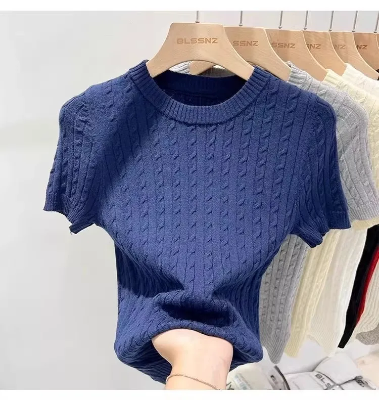 Zjaiss 2026 Summer Apricot O-Neck Women's Short Sleeve Knit Top Twist Slim Fit Short T-Shirt Trendy Solid Color Versatile Tee