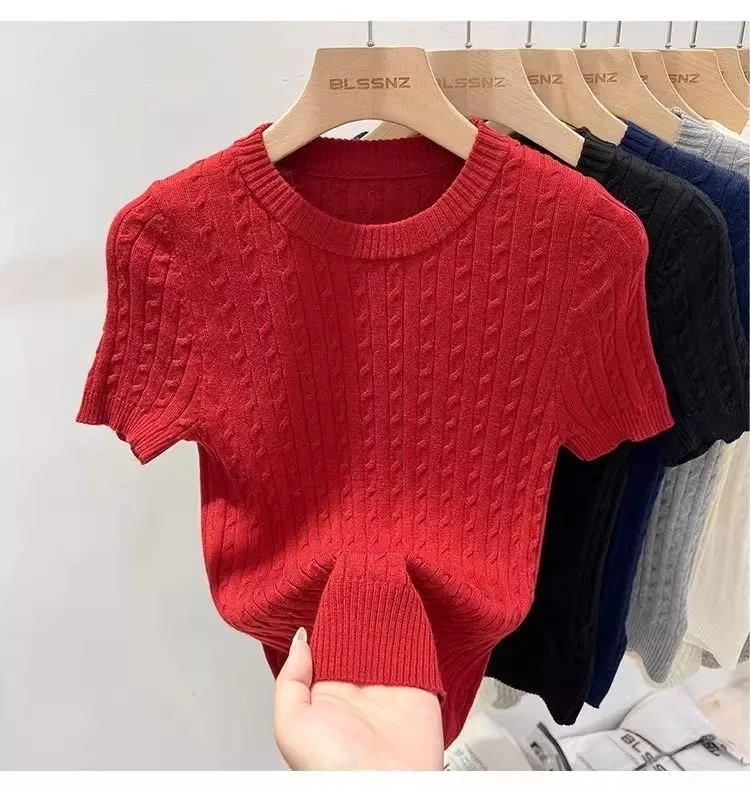Zjaiss 2026 Summer Apricot O-Neck Women's Short Sleeve Knit Top Twist Slim Fit Short T-Shirt Trendy Solid Color Versatile Tee