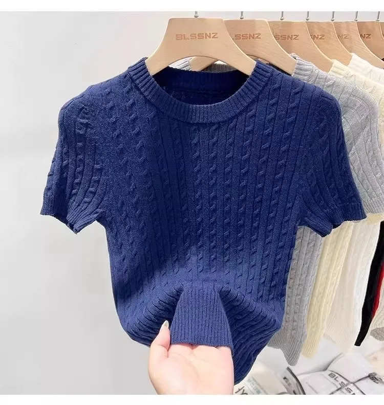 Zjaiss 2026 Summer Apricot O-Neck Women's Short Sleeve Knit Top Twist Slim Fit Short T-Shirt Trendy Solid Color Versatile Tee