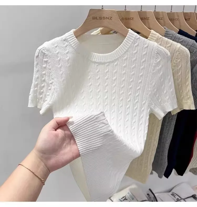 Zjaiss 2026 Summer Apricot O-Neck Women's Short Sleeve Knit Top Twist Slim Fit Short T-Shirt Trendy Solid Color Versatile Tee