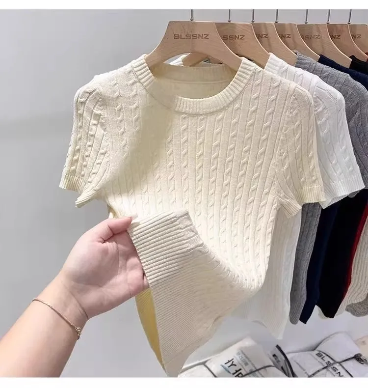 Zjaiss 2026 Summer Apricot O-Neck Women's Short Sleeve Knit Top Twist Slim Fit Short T-Shirt Trendy Solid Color Versatile Tee