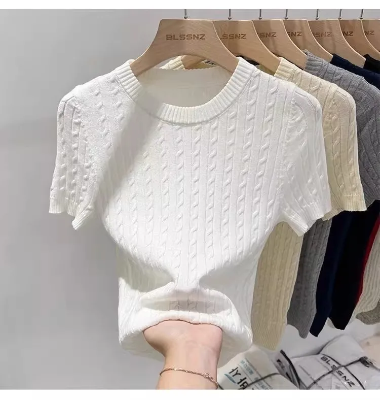 Zjaiss 2026 Summer Apricot O-Neck Women's Short Sleeve Knit Top Twist Slim Fit Short T-Shirt Trendy Solid Color Versatile Tee