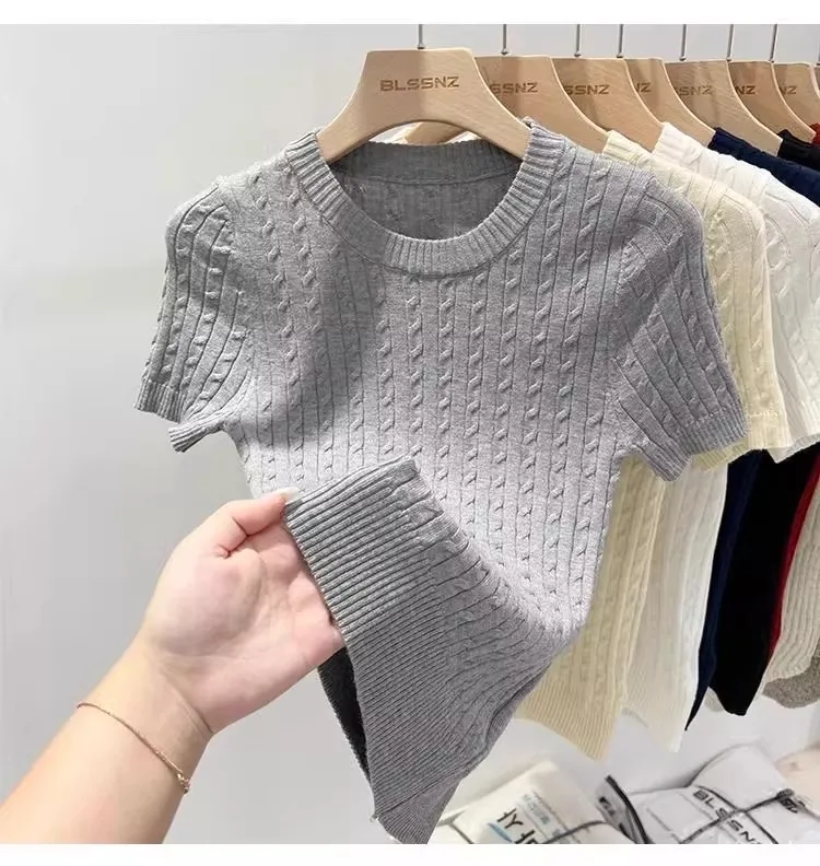 Zjaiss 2026 Summer Apricot O-Neck Women's Short Sleeve Knit Top Twist Slim Fit Short T-Shirt Trendy Solid Color Versatile Tee