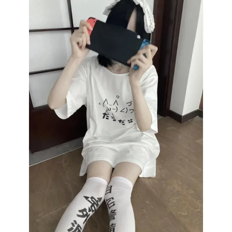 Japanese Women's Y2k Aesthetic Loose Cute T-shirt Cartoon O-Neck Casual T-shirts Y2k Top Harajuku Women Clothing