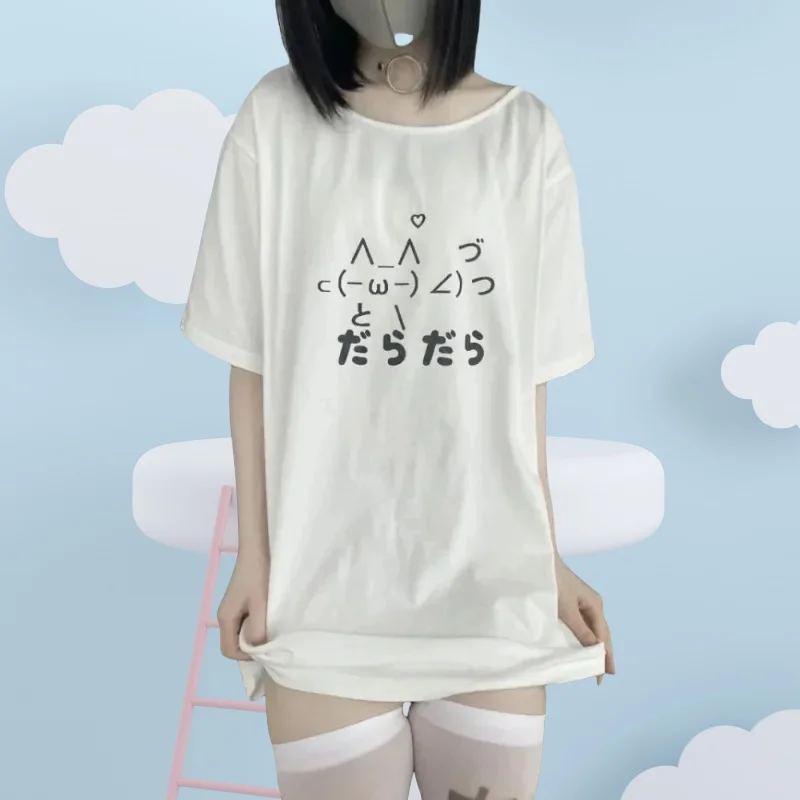 Japanese Women's Y2k Aesthetic Loose Cute T-shirt Cartoon O-Neck Casual T-shirts Y2k Top Harajuku Women Clothing