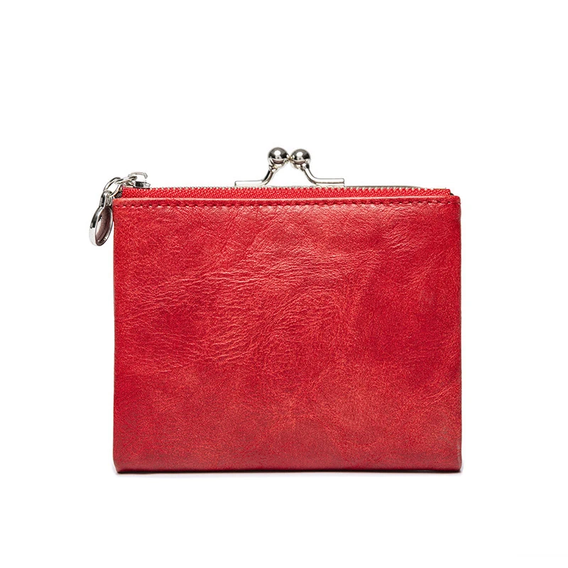 Women Vintage Leather Wallet Kiss Lock Coin Purse Short Clutch Zipper Card Holder Large Capacity Lady Wallet