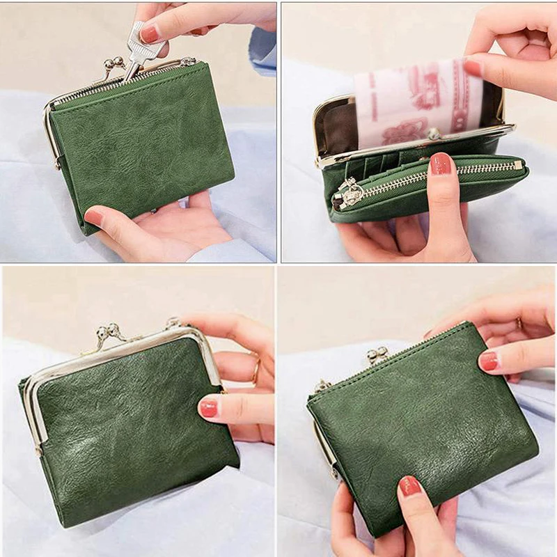 Women Vintage Leather Wallet Kiss Lock Coin Purse Short Clutch Zipper Card Holder Large Capacity Lady Wallet
