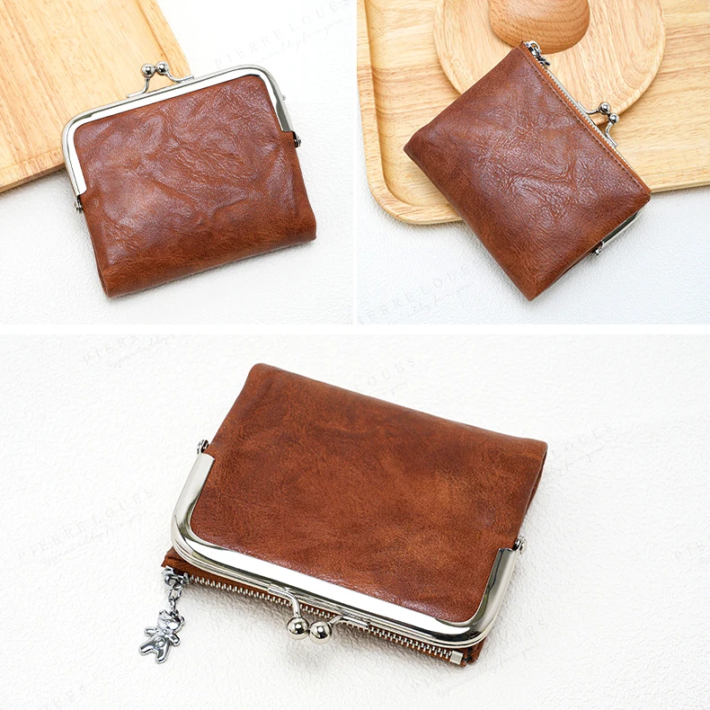 Women Vintage Leather Wallet Kiss Lock Coin Purse Short Clutch Zipper Card Holder Large Capacity Lady Wallet