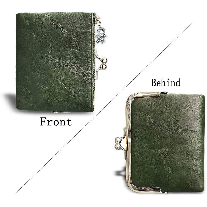 Women Vintage Leather Wallet Kiss Lock Coin Purse Short Clutch Zipper Card Holder Large Capacity Lady Wallet