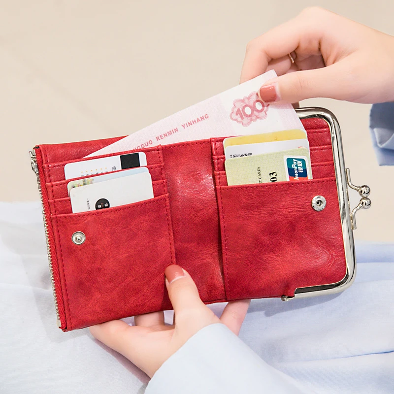 Women Vintage Leather Wallet Kiss Lock Coin Purse Short Clutch Zipper Card Holder Large Capacity Lady Wallet