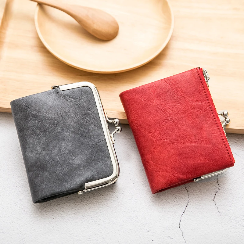 Women Vintage Leather Wallet Kiss Lock Coin Purse Short Clutch Zipper Card Holder Large Capacity Lady Wallet