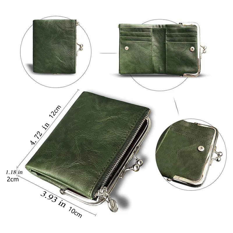 Women Vintage Leather Wallet Kiss Lock Coin Purse Short Clutch Zipper Card Holder Large Capacity Lady Wallet