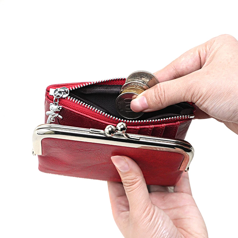 Women Vintage Leather Wallet Kiss Lock Coin Purse Short Clutch Zipper Card Holder Large Capacity Lady Wallet