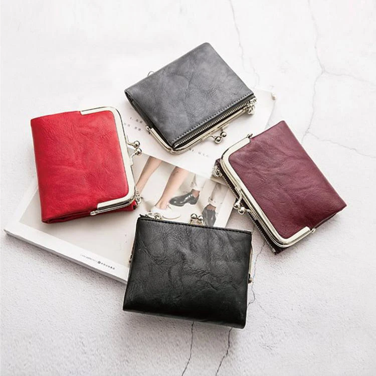 Women Vintage Leather Wallet Kiss Lock Coin Purse Short Clutch Zipper Card Holder Large Capacity Lady Wallet