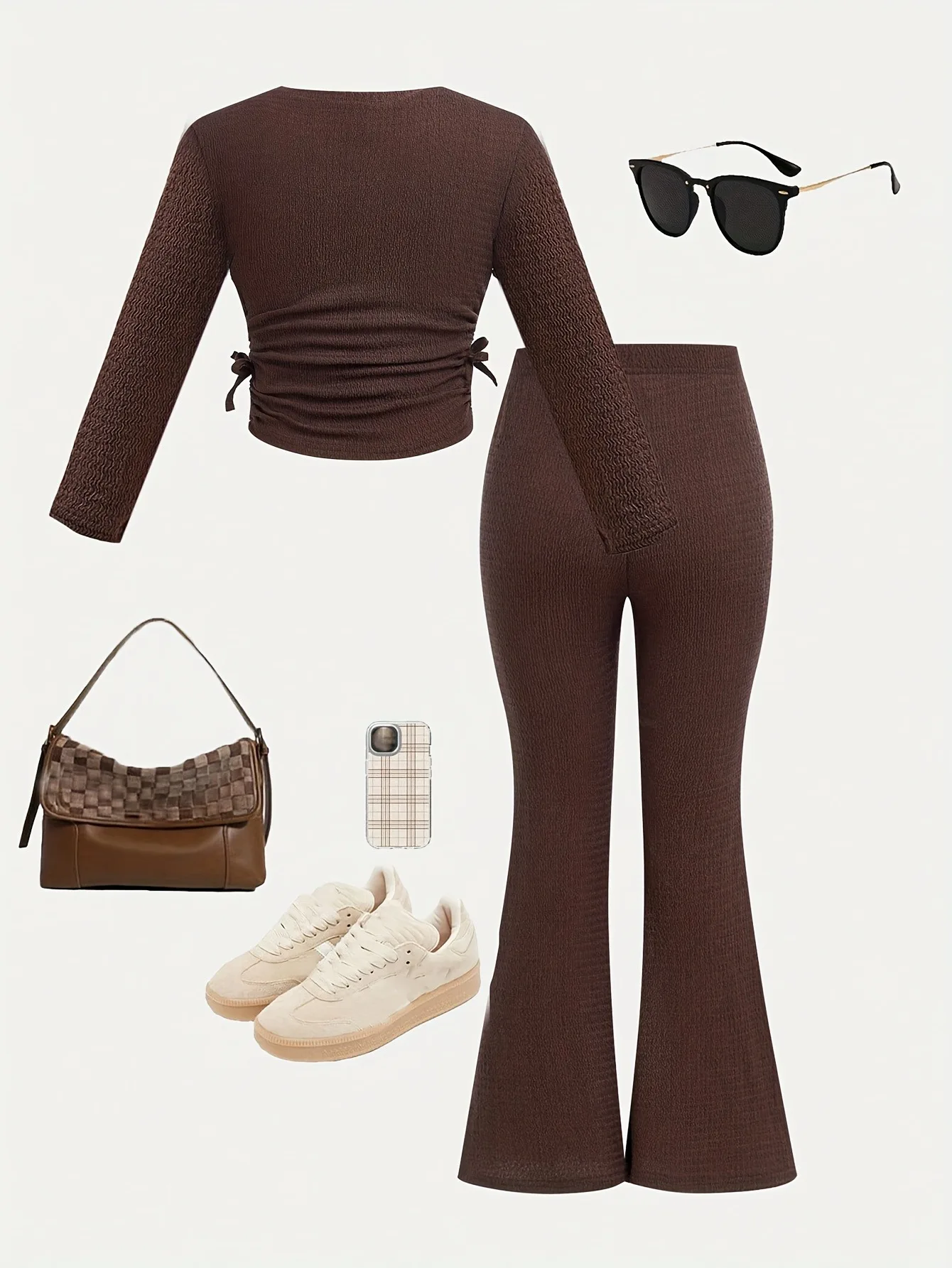 Girls 2 Piece Brown Textured Outfit Ruched Drawstring Crop Top & High Waist Flare Pants Kids Casual Streetwear Set