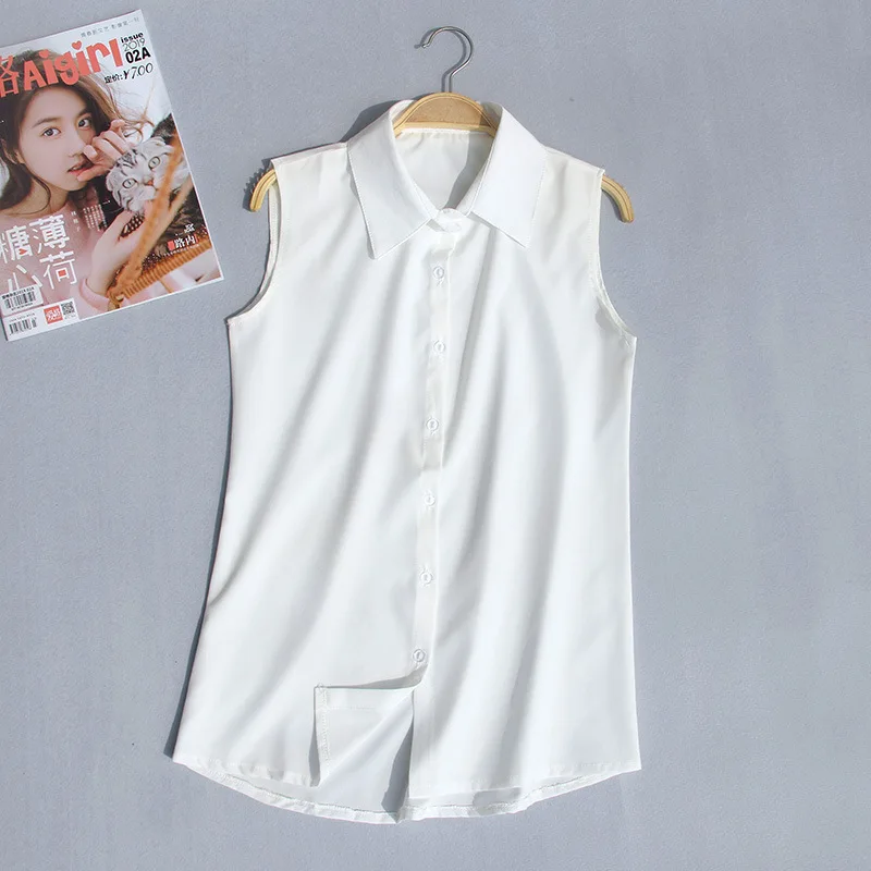 White Sleeveless Collared Blouse Summer Womens Tank Top Shirt