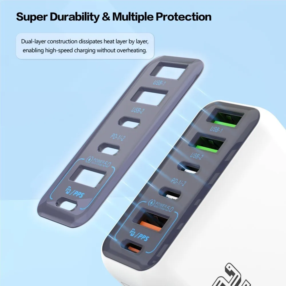 240W 6-Port Fast Charger, PD QC 3.0 USB C Charger for iPhone 15 Pro Samsung S24, Multi-Port PD QC Charging Adapter for iPhone