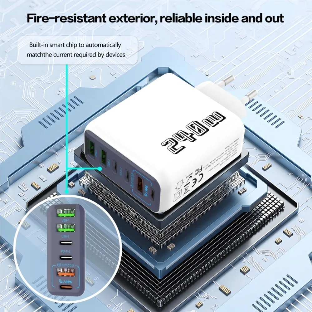 240W 6-Port Fast Charger, PD QC 3.0 USB C Charger for iPhone 15 Pro Samsung S24, Multi-Port PD QC Charging Adapter for iPhone