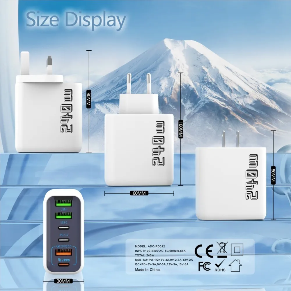 240W 6-Port Fast Charger, PD QC 3.0 USB C Charger for iPhone 15 Pro Samsung S24, Multi-Port PD QC Charging Adapter for iPhone