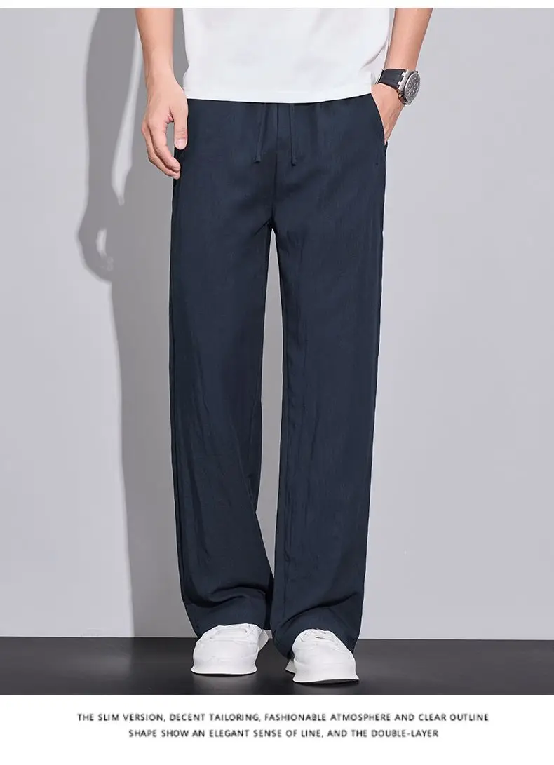 2026 Summer Men's Ice Silk Cool Casual Trousers Outdoor Sports Party Loose Cotton Linen Pants for Men Versatile Breathable Pants