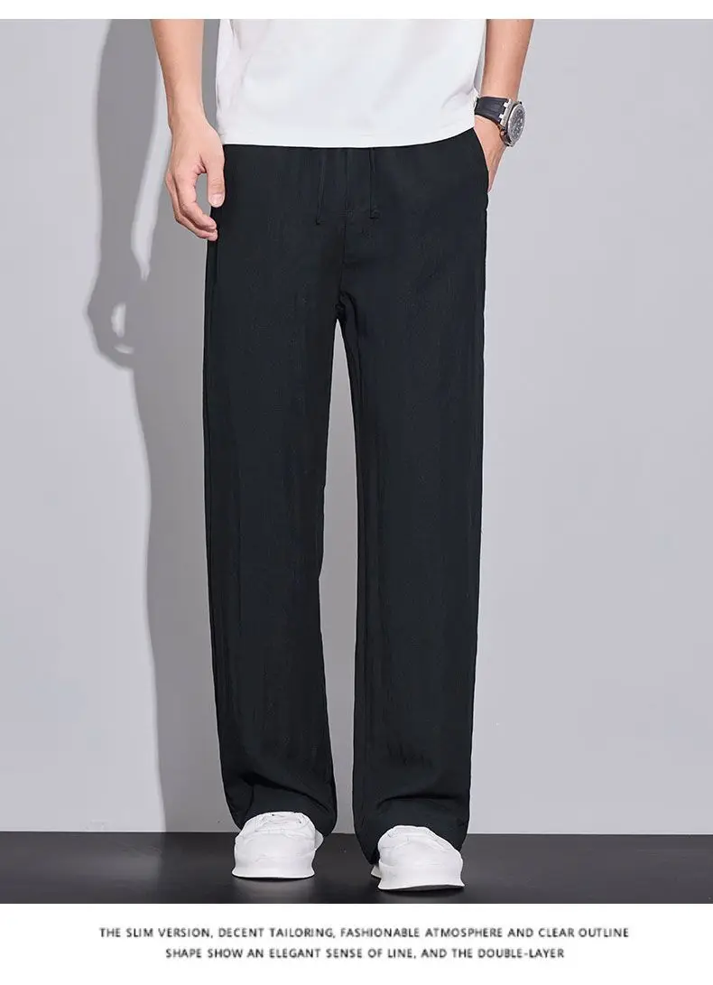 2026 Summer Men's Ice Silk Cool Casual Trousers Outdoor Sports Party Loose Cotton Linen Pants for Men Versatile Breathable Pants