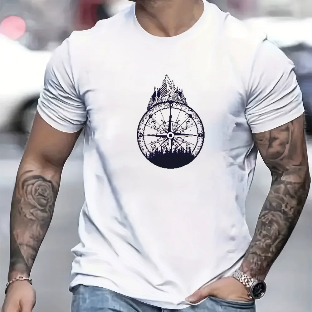 Men's 100% Cotton Compass Printed T-Shirt with Compass Rose and Nautical Design, Summer and Spring Streetwear