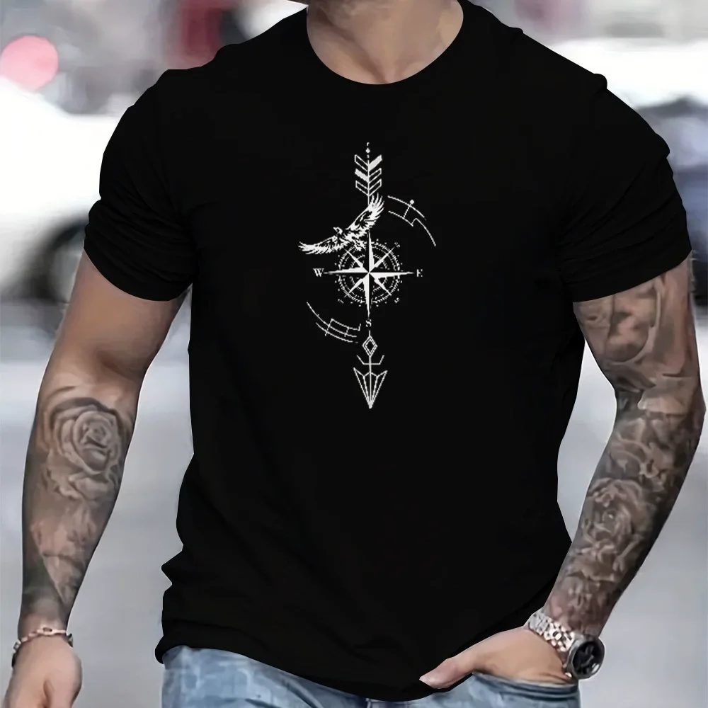 Men's 100% Cotton Compass Printed T-Shirt with Compass Rose and Nautical Design, Summer and Spring Streetwear