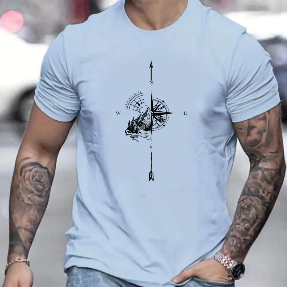 Men's 100% Cotton Compass Printed T-Shirt with Compass Rose and Nautical Design, Summer and Spring Streetwear