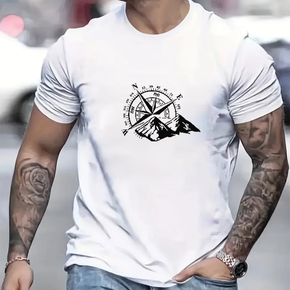 Men's 100% Cotton Compass Printed T-Shirt with Compass Rose and Nautical Design, Summer and Spring Streetwear