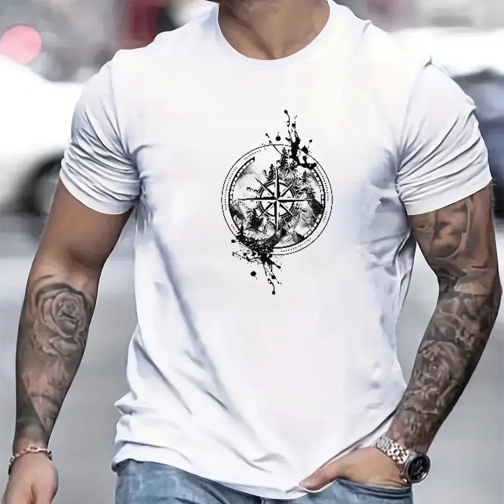 Men's 100% Cotton Compass Printed T-Shirt with Compass Rose and Nautical Design, Summer and Spring Streetwear