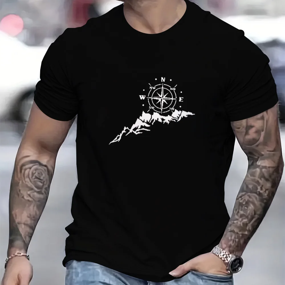 Men's 100% Cotton Compass Printed T-Shirt with Compass Rose and Nautical Design, Summer and Spring Streetwear
